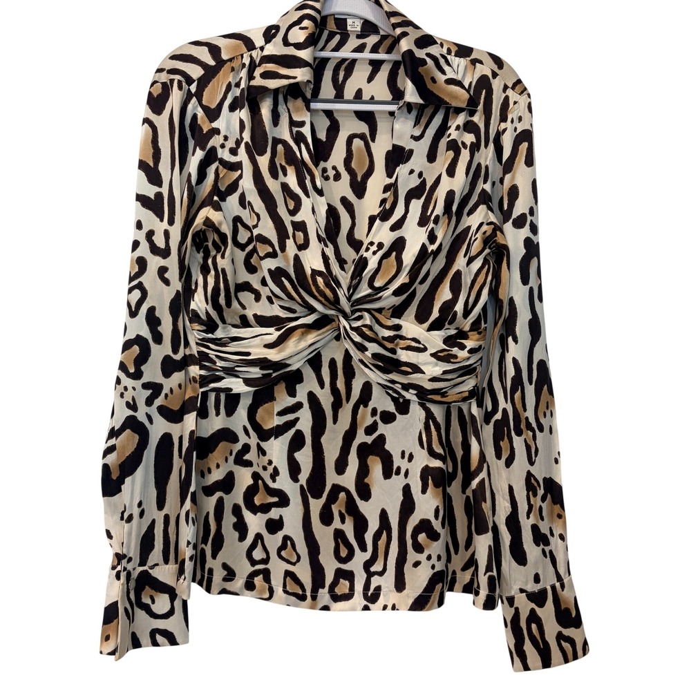 Cache Blouse Medium Tan Black Cream Leopard Silk Blend Twist Front